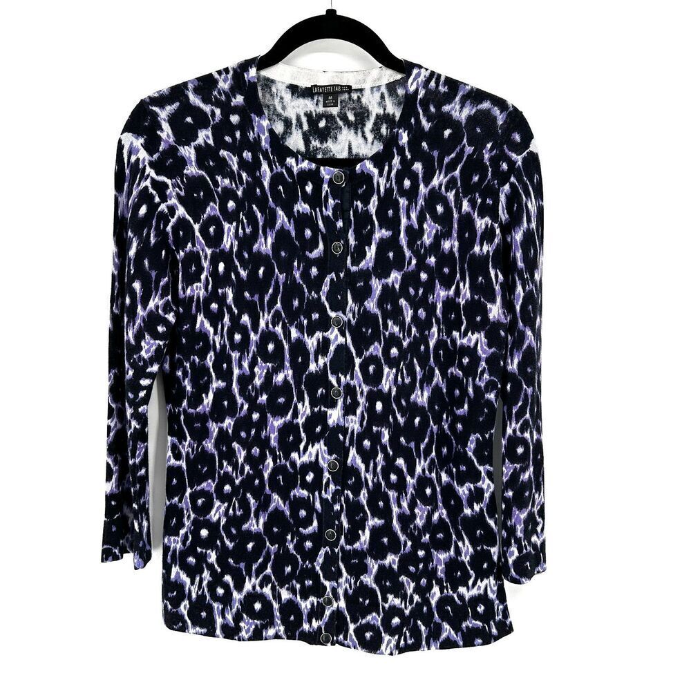 LAFAYETTE 148 Purple Black Leopard Cotton Silk Button Up Cardigan Sweater Medium